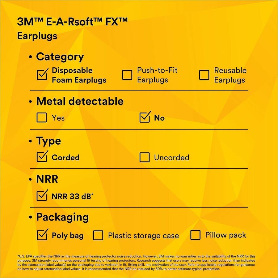 E-A-R soft FX Corded Earplugs - Noise Protection - Foam, Polyurethane - Yellow - Disposable, Corded - 200 / Box