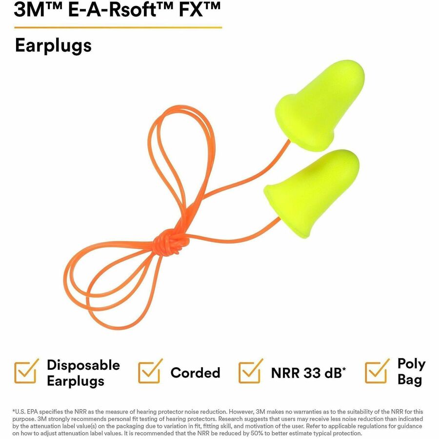 E-A-R soft FX Corded Earplugs - Noise Protection - Foam, Polyurethane - Yellow - Disposable, Corded - 200 / Box