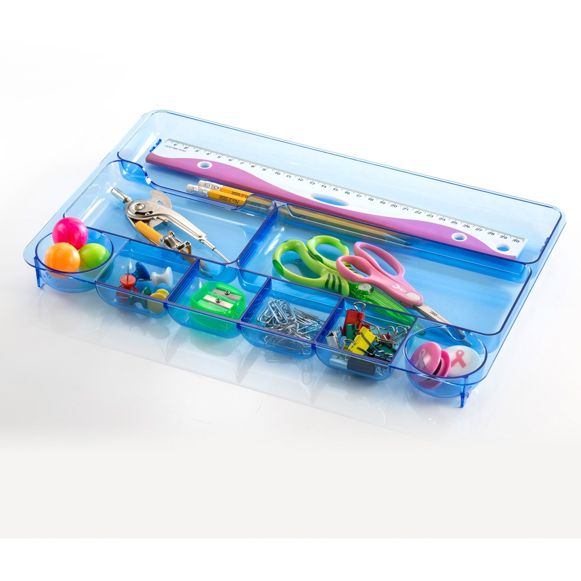 Officemate Blue Glacier Drawer Tray - 9 Compartment(s) - 1.1" Height x 14" Width x 9" DepthDesktop - Transparent Blue - 1 Each - 