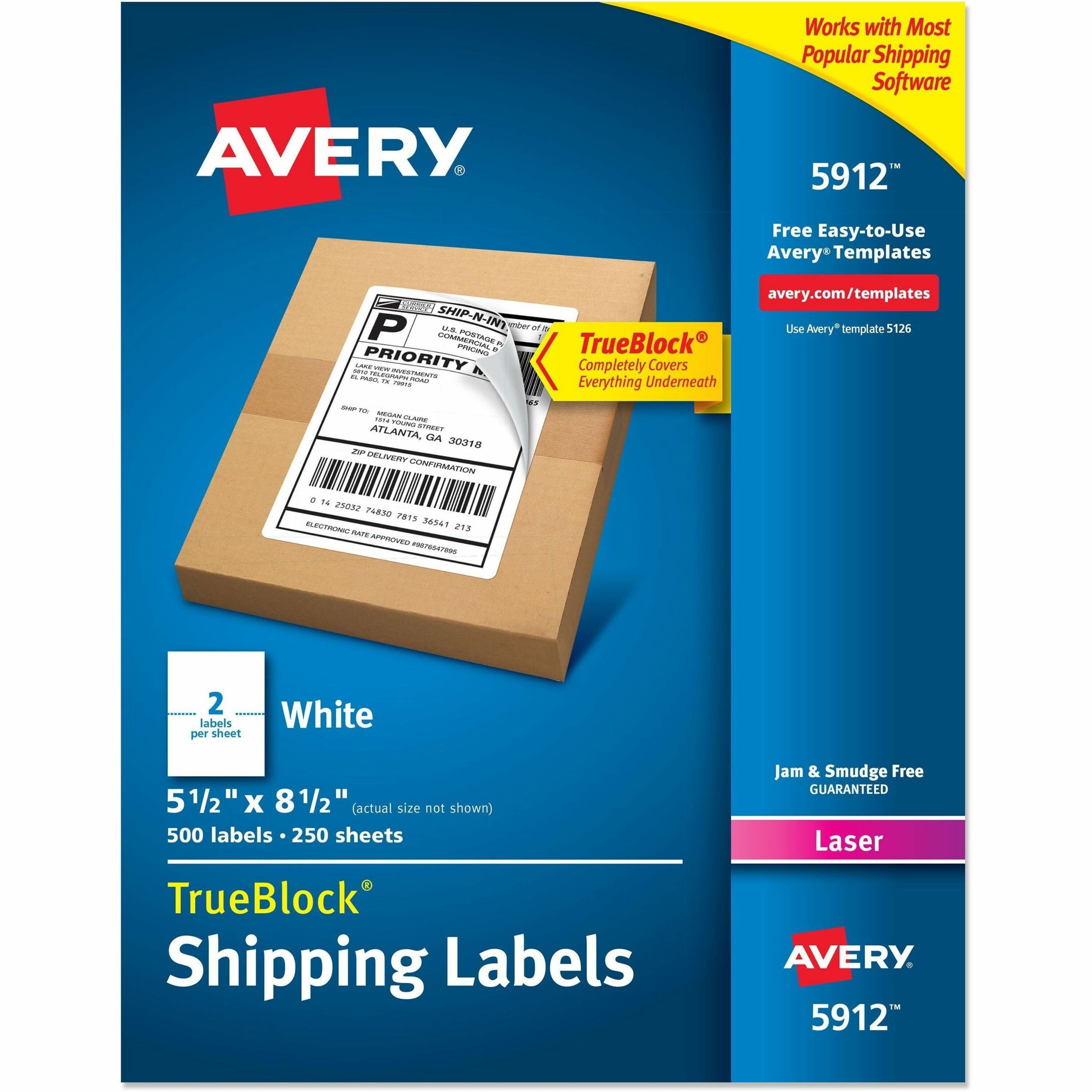 Shipping Labels w/ TrueBlock Technology, Laser Printers, 5.5 x 8.5, White, 2/Sheet, 250 Sheets/Box