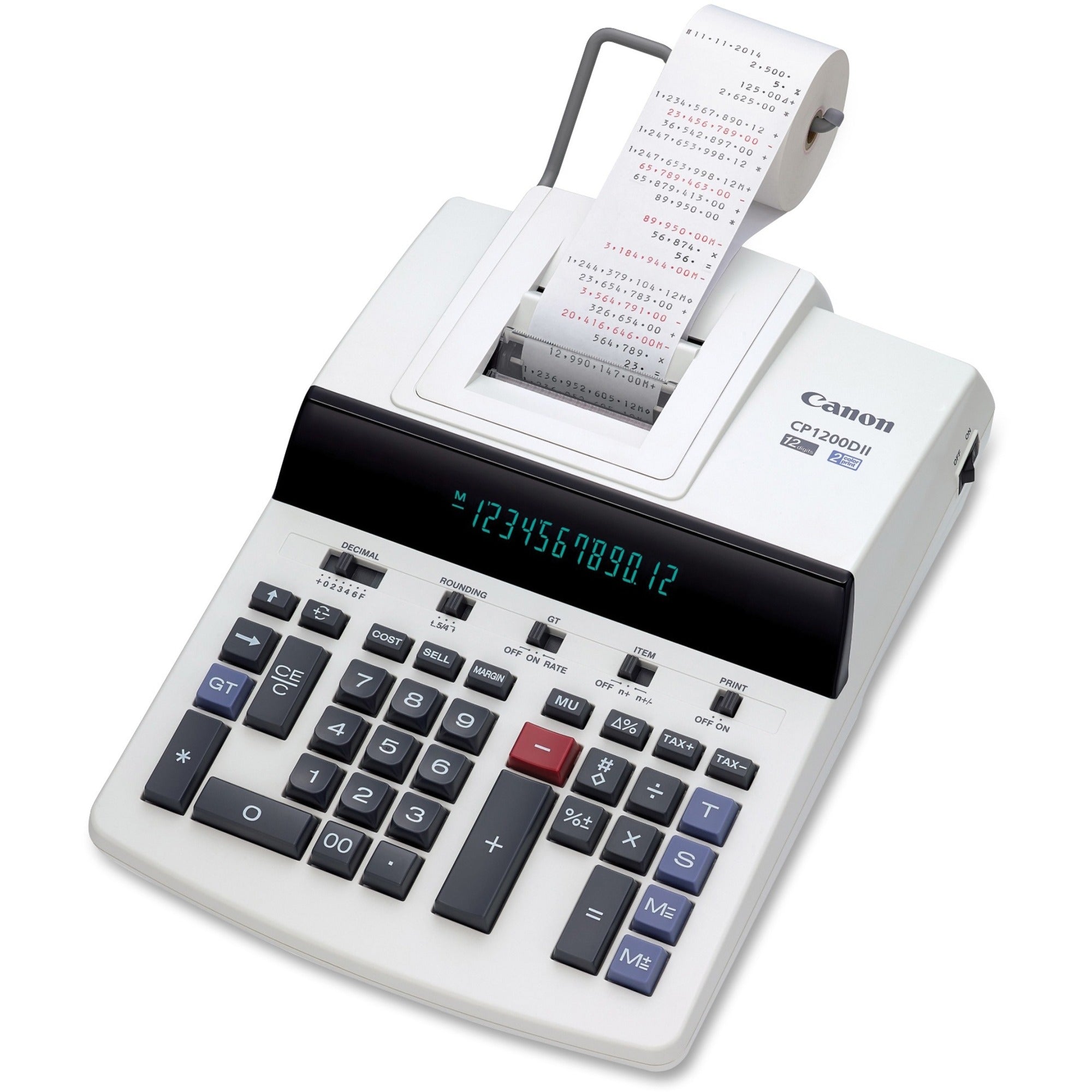 Canon CP1200DII Commercial Desktop Calculator - Dual Color Print - 4.3 lps - 4-Key Memory, Heavy Duty, Kickstand, Easy-to-read Display, Extra Large Display, Item Count, Independent Memory - 12 Digits - Fluorescent - AC Supply Powered - 5.8" x 11" x 1