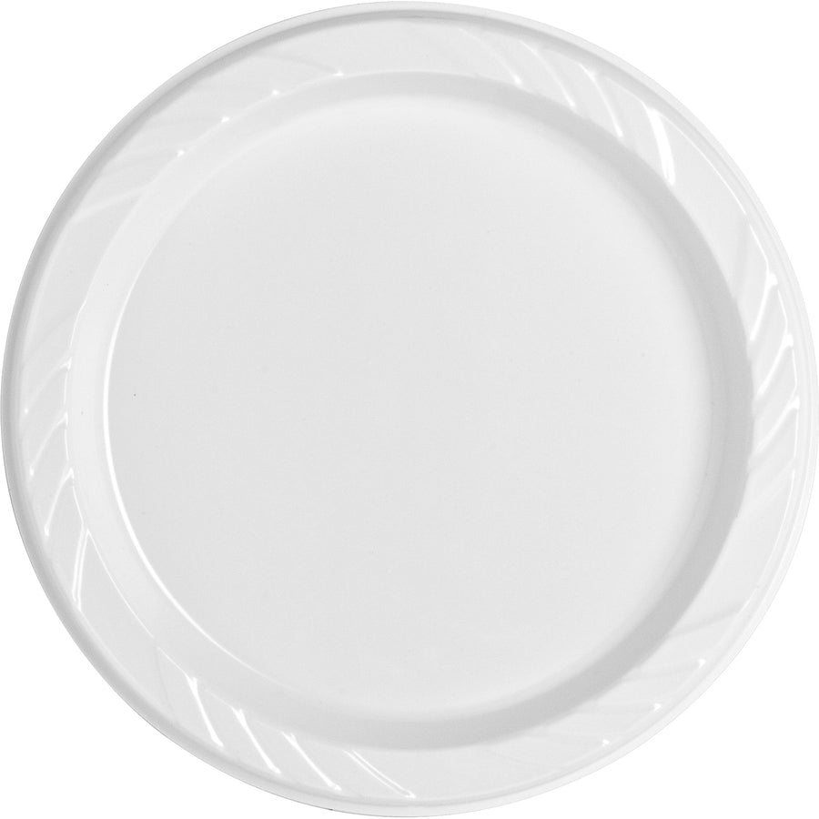 Genuine Joe 6" Round Plastic Plates - 125 / Pack - Disposable - White - Plastic Body - 8 / Carton