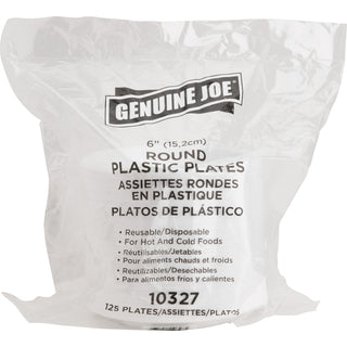 Genuine Joe 6" Round Plastic Plates - 125 / Pack - Disposable - White - Plastic Body - 8 / Carton