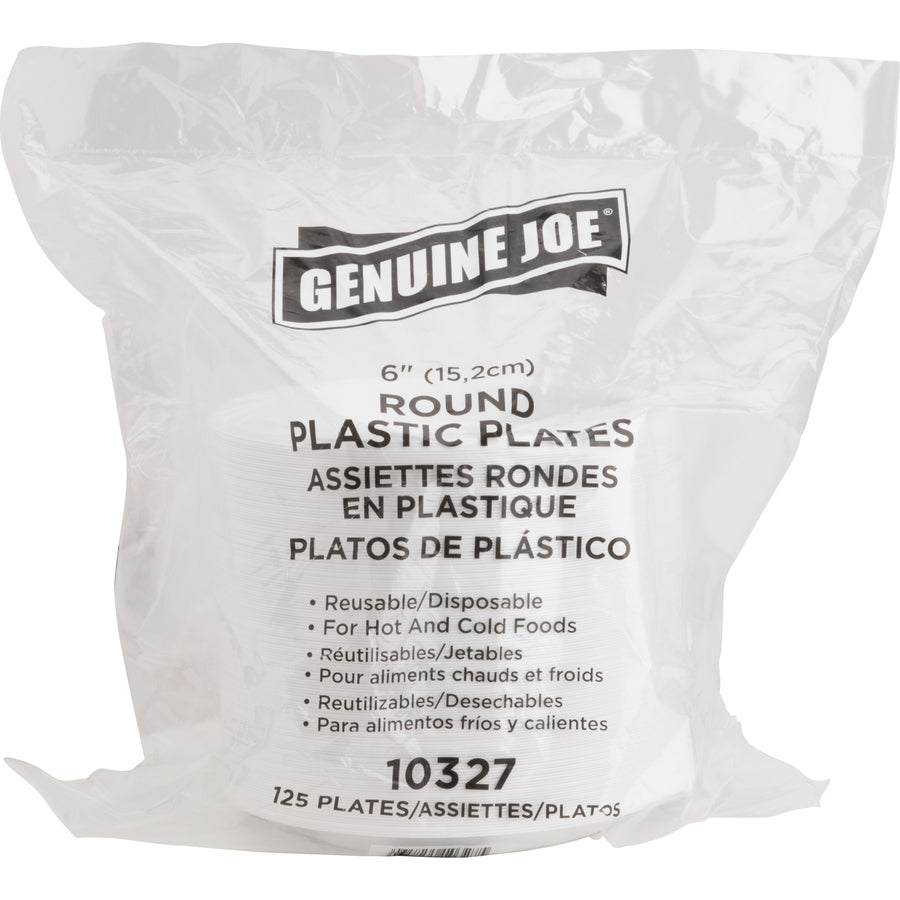 Genuine Joe 6" Round Plastic Plates - 125 / Pack - Disposable - White - Plastic Body - 8 / Carton