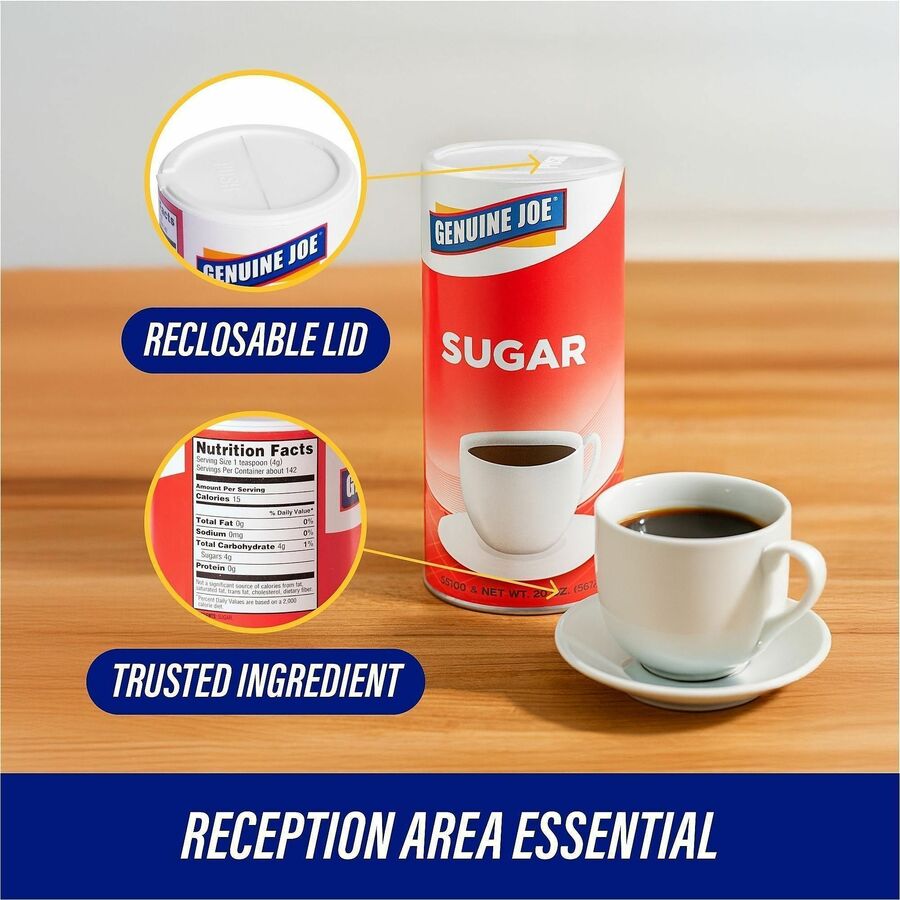 Genuine Joe Sugar - Canister - 20 oz (567 g) - Natural Sweetener - 8/Carton - 3 Per Packet