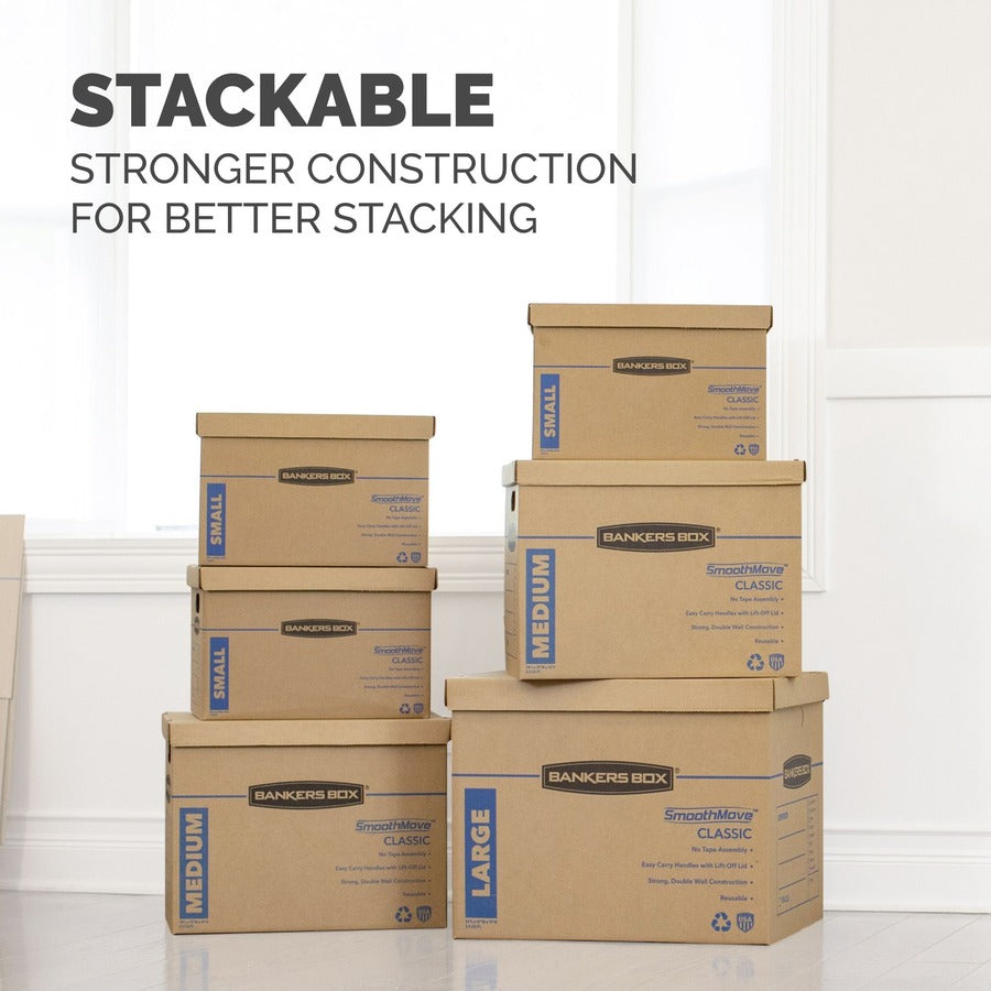 SmoothMove Classic Moving/Storage Box Kit, Half Slotted Container (HSC), Assorted Sizes: (8) Small, (4) Med, Brown/Blue,12/CT