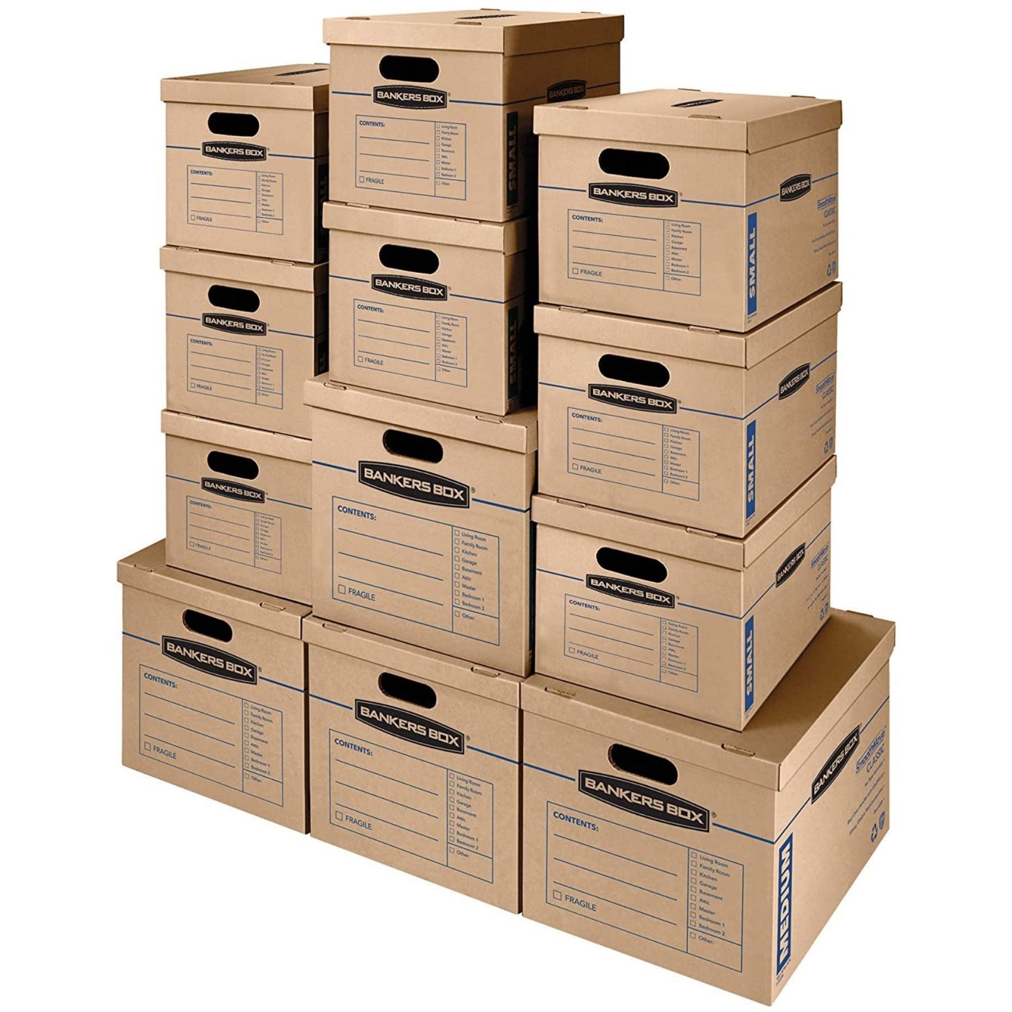 SmoothMove Classic Moving/Storage Box Kit, Half Slotted Container (HSC), Assorted Sizes: (8) Small, (4) Med, Brown/Blue,12/CT