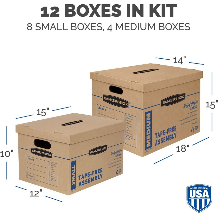 SmoothMove Classic Moving/Storage Box Kit, Half Slotted Container (HSC), Assorted Sizes: (8) Small, (4) Med, Brown/Blue,12/CT