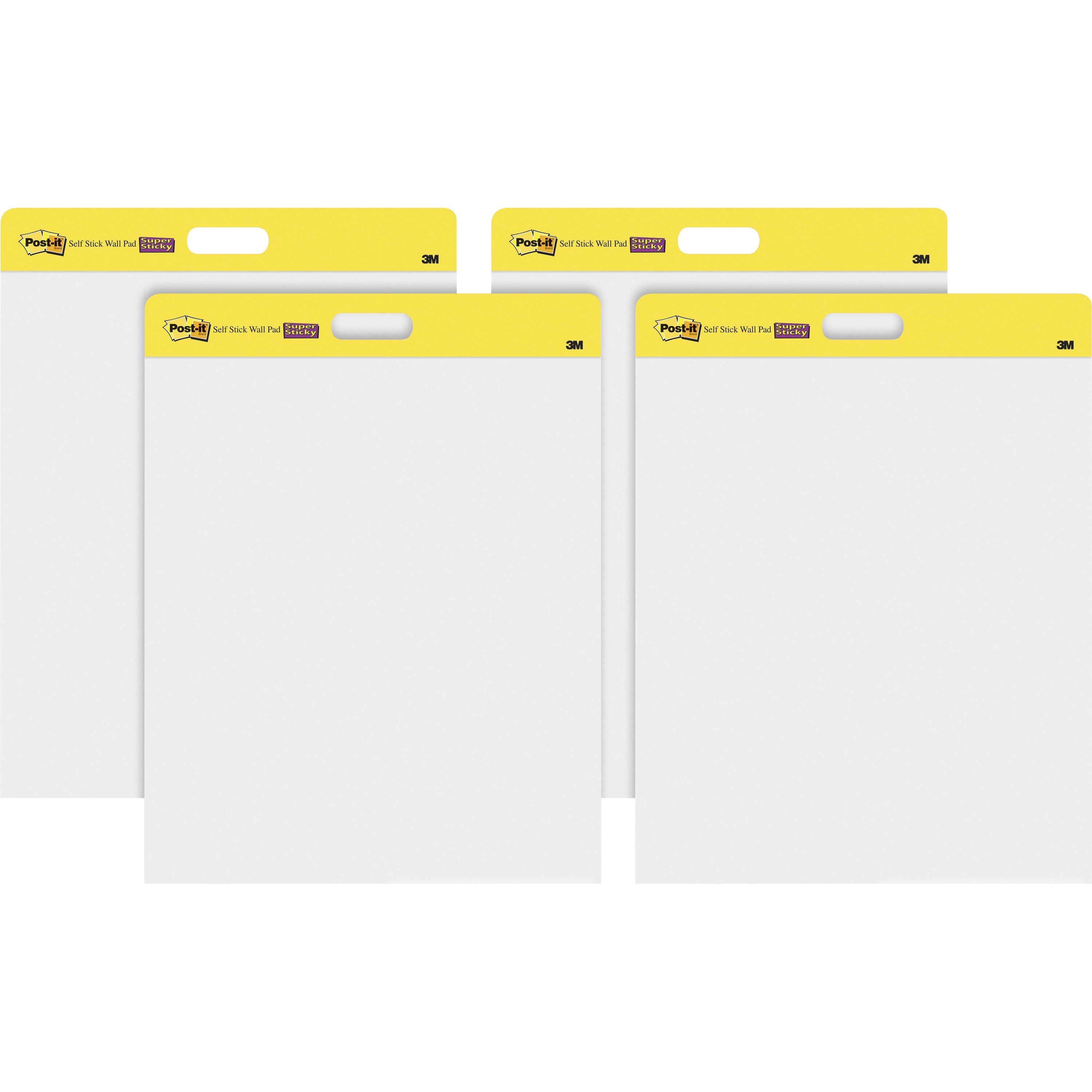 Post-it Self-Stick Wall Pads - 20 Sheets - Plain - Stapled - 18.50 lb Basis Weight - 20" x 23" - White Paper - Self-adhesive, Repositionable, Bleed Resistant, Cardboard Back - 4 / Carton - 