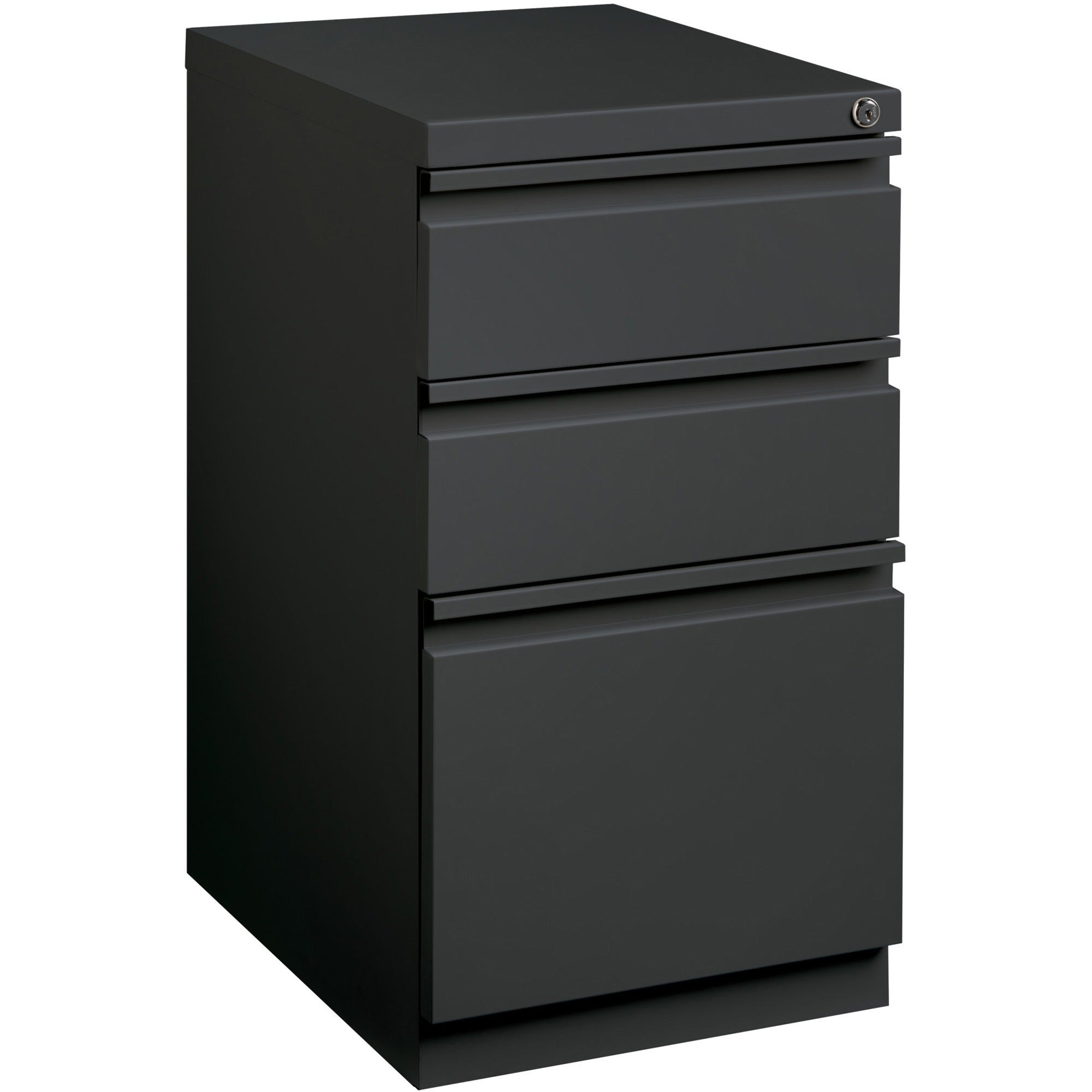 Lorell 20" Box/Box/File Mobile File Cabinet with Full-Width Pull - 15" x 19.9" x 27.8" - 3 x Drawer(s) for Box, File - Letter - Mobility, Casters, Drawer Extension, Security Lock, Recessed Drawer, Ball-bearing Suspension - Charcoal - Steel - Recycled - 
