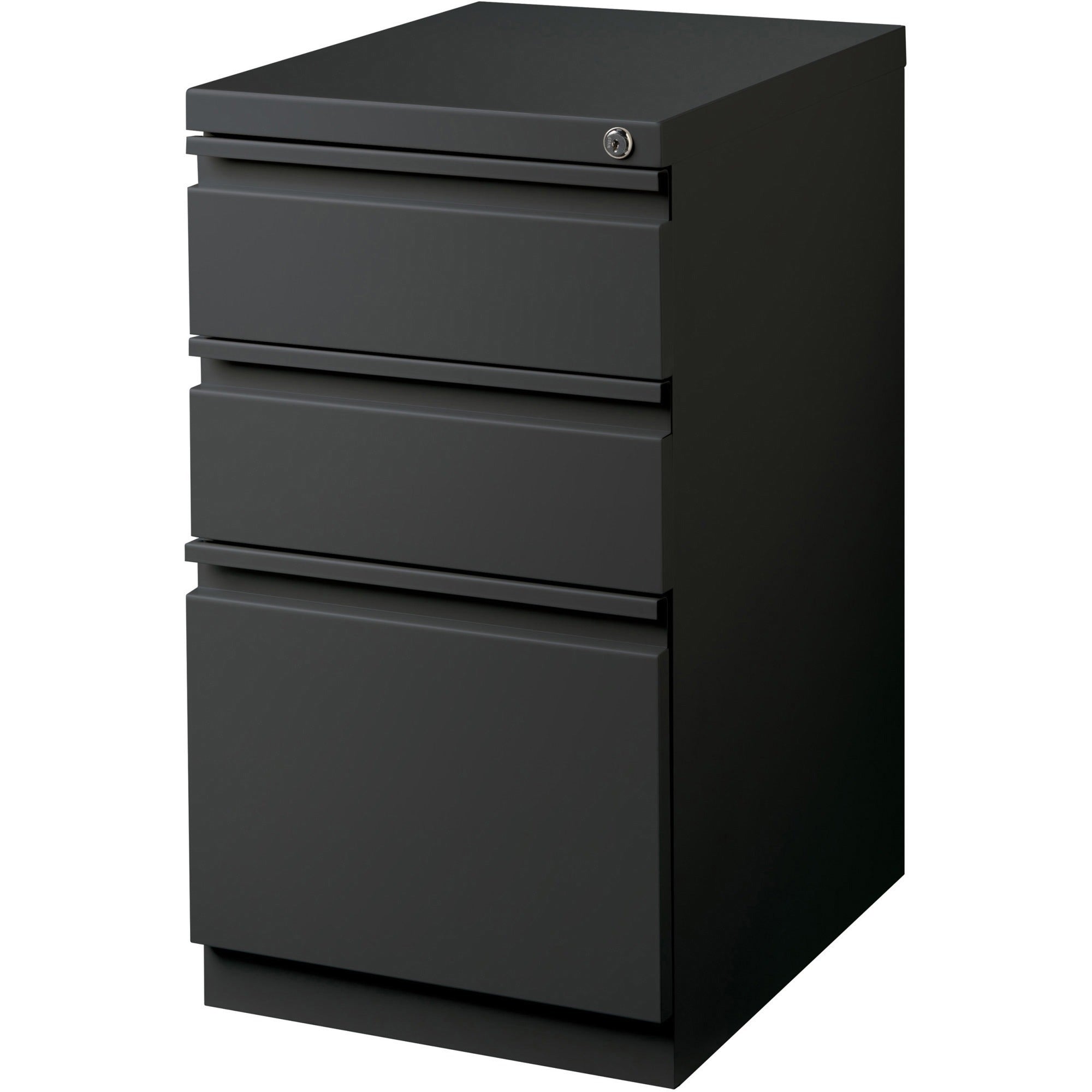 Lorell 20" Box/Box/File Mobile File Cabinet with Full-Width Pull - 15" x 19.9" x 27.8" - 3 x Drawer(s) for Box, File - Letter - Mobility, Casters, Drawer Extension, Security Lock, Recessed Drawer, Ball-bearing Suspension - Charcoal - Steel - Recycled - 