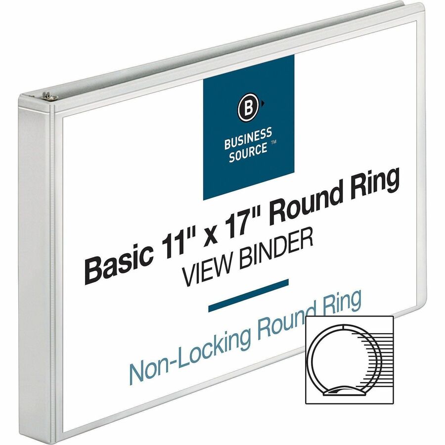 Business Source Tabloid-size Round Ring Reference Binder - 1" Binder Capacity - Tabloid - 11" x 17" Sheet Size - Round Ring Fastener(s) - White - Durable, Clear Overlay - 1 Each