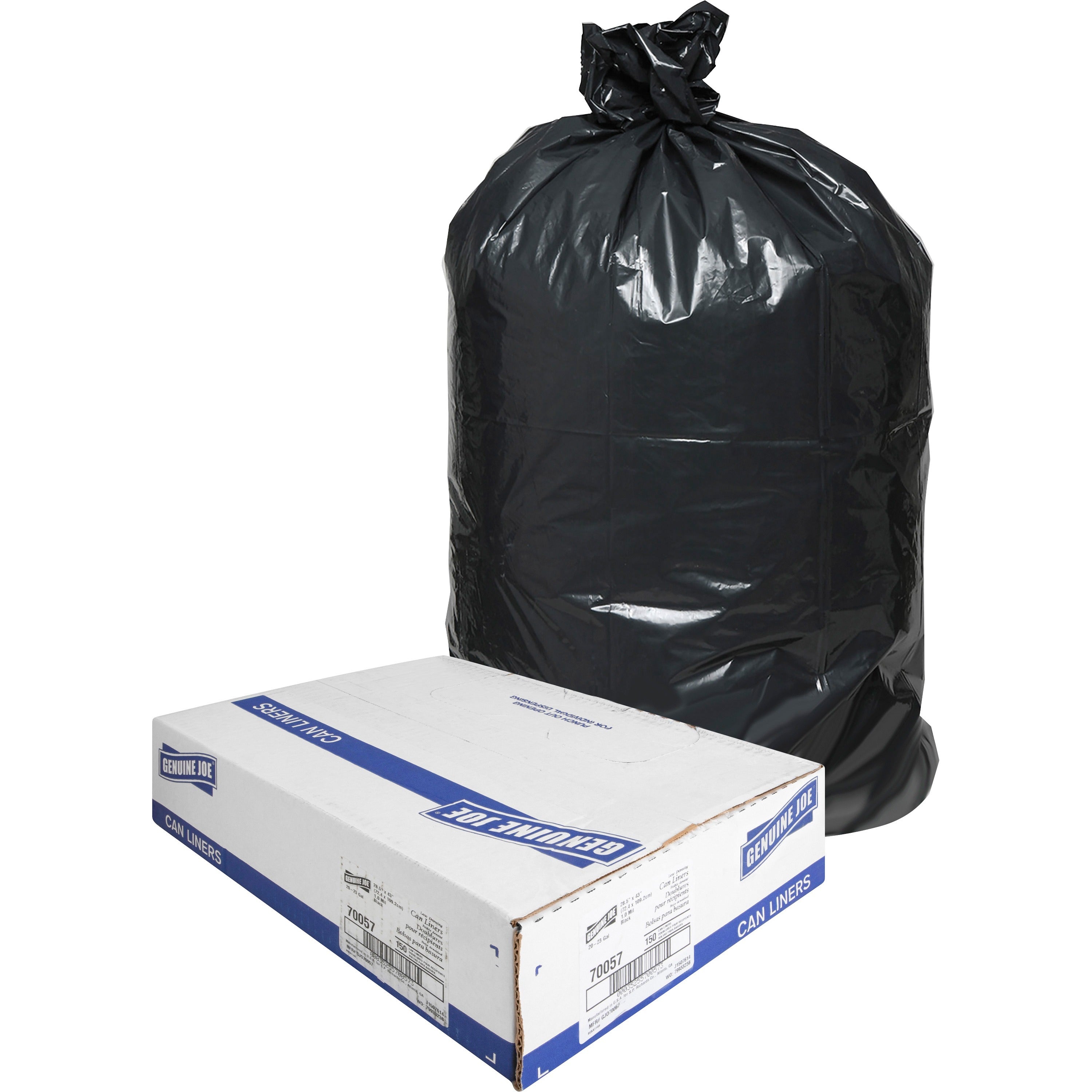 genuine-joe-slim-jim-23-gallon-can-liners-medium-size-23-gal-capacity-2850-width-x-43-length-low-density-black-1-carton-150-per-box-office-waste-food-recycled_gjo70057 - 1