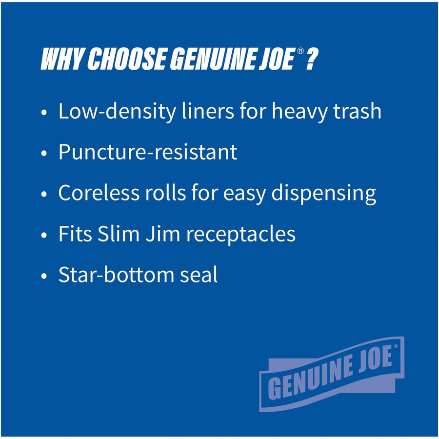 genuine-joe-slim-jim-23-gallon-can-liners-medium-size-23-gal-capacity-2850-width-x-43-length-low-density-black-1-carton-150-per-box-office-waste-food-recycled_gjo70057 - 6