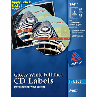 Inkjet Full-Face CD Labels, Glossy White, 20/Pack