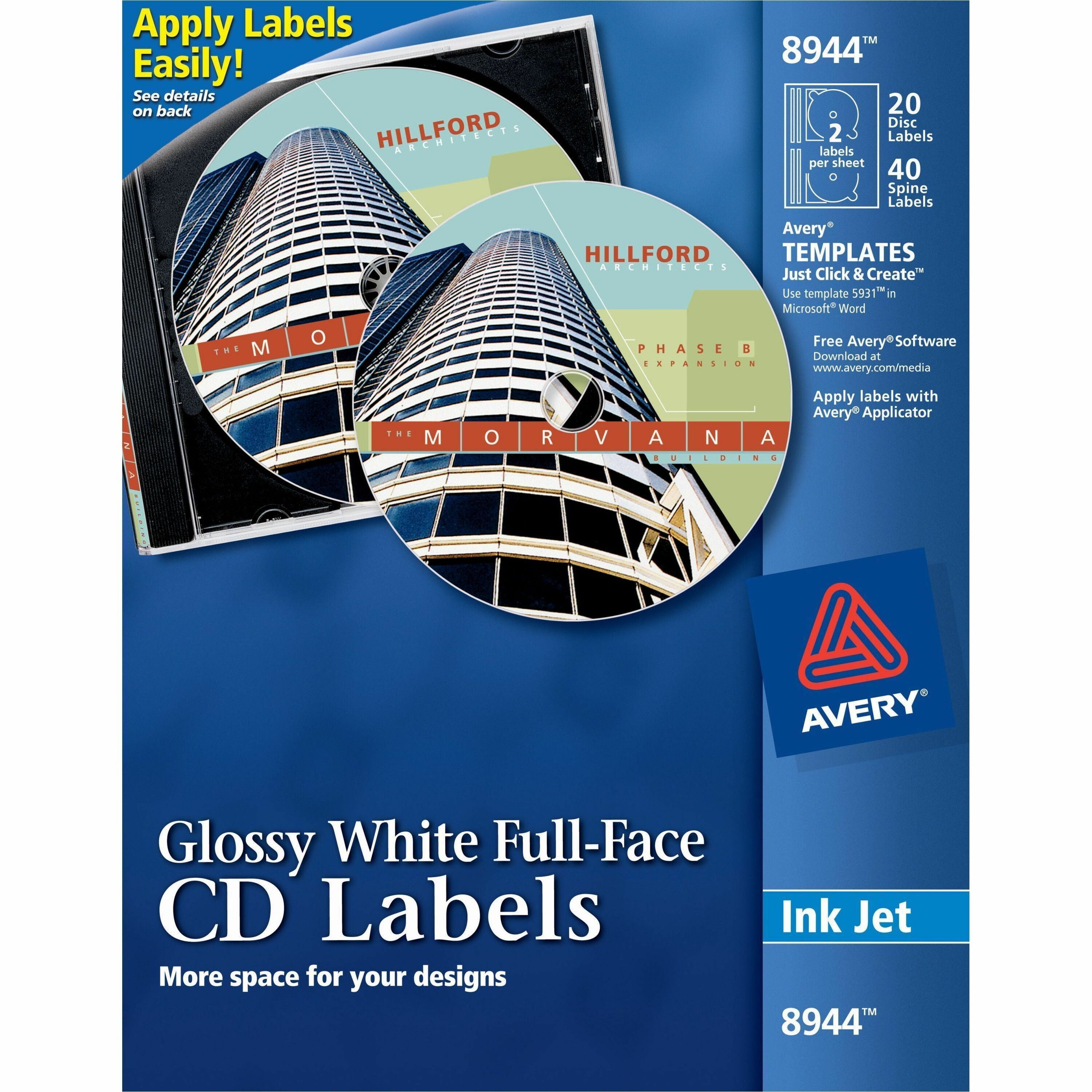 Inkjet Full-Face CD Labels, Glossy White, 20/Pack