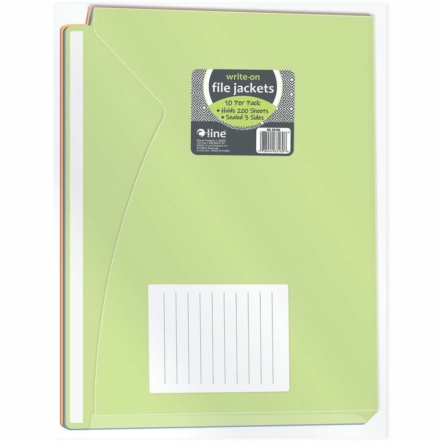 Write-On Poly File Jackets, Straight Tab, Letter Size, Assorted Colors, 10/Pack