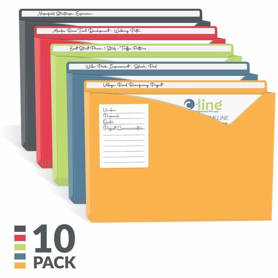 Write-On Poly File Jackets, Straight Tab, Letter Size, Assorted Colors, 10/Pack