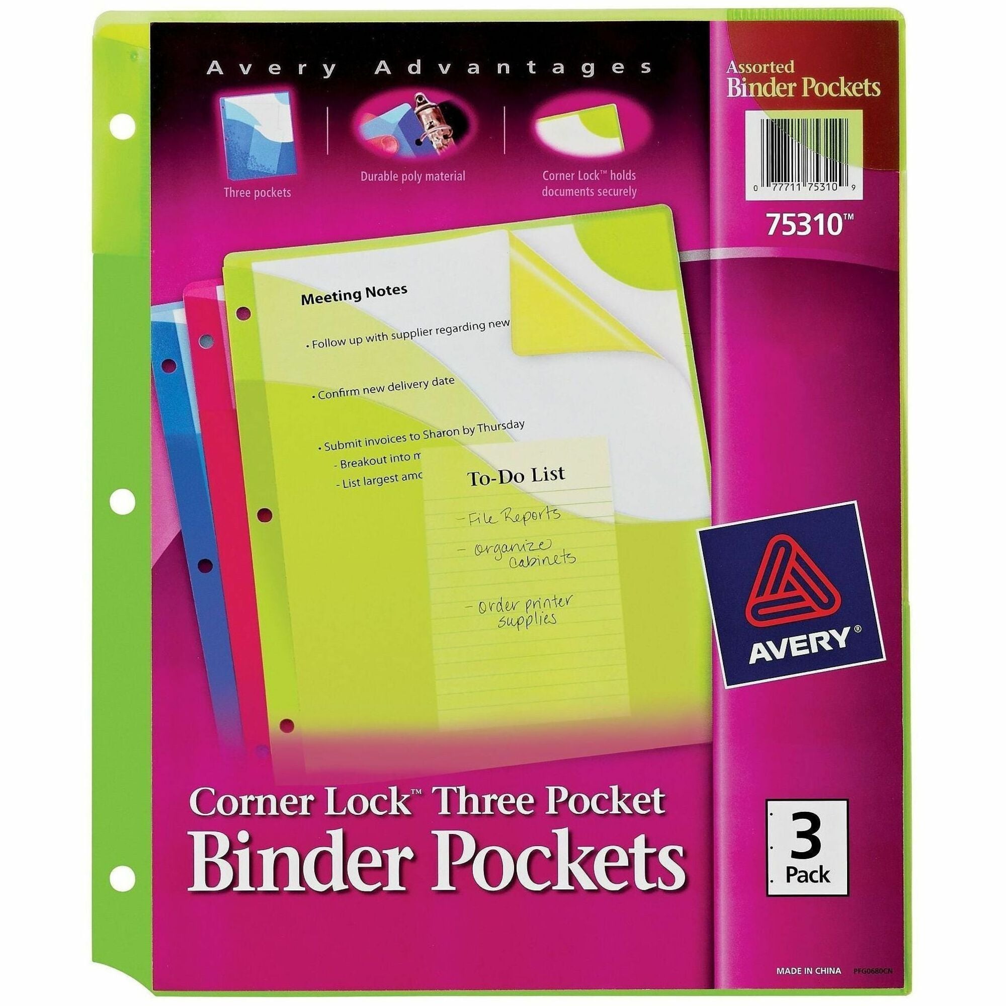 Corner Lock Three-Pocket Binder Pocket, 9.25 x 11.25, Assorted Color, 3/Pack