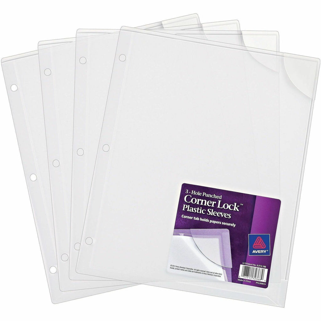 Three-Hole Punched Corner Lock Plastic Sleeves, 9.5 x 11.75, Clear, 4/Pack