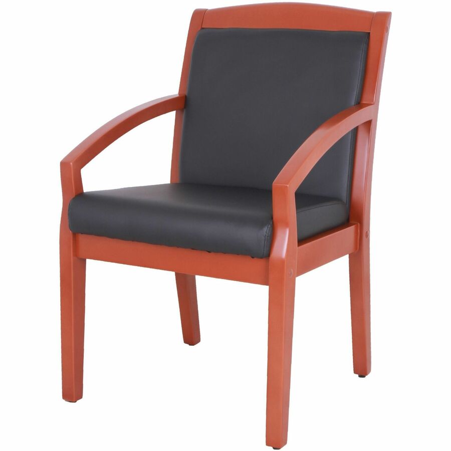 Lorell Sloping Arms Wood Frame Guest Chair - Black Bonded Leather Seat - Black Bonded Leather Back - Cherry Wood Frame - Four-legged Base - 1 Each