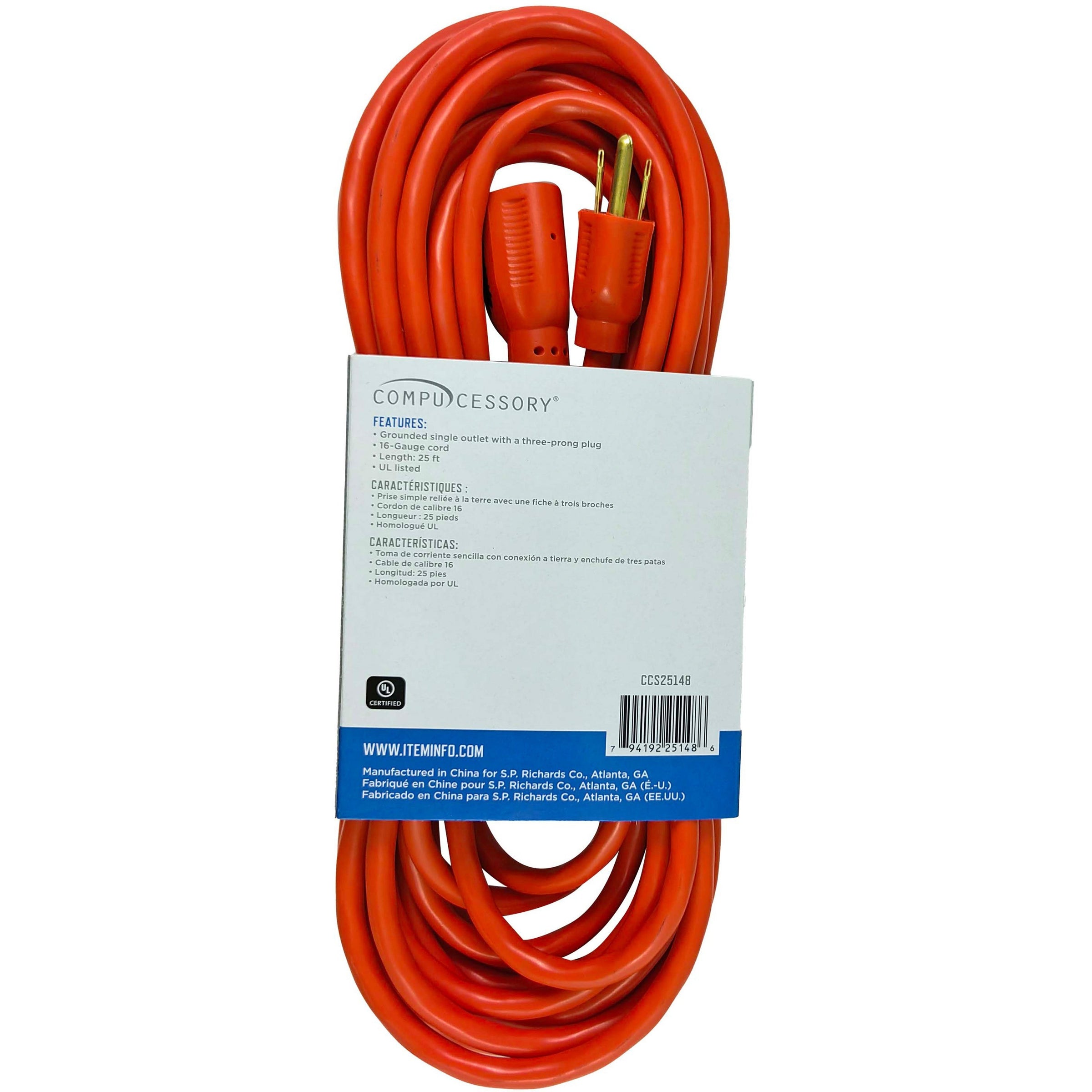 Compucessory Heavy-duty Indoor/Outdoor Extension Cord - 16 Gauge - 125 V AC13 A - Orange - 25 ft Cord Length - 1 - 