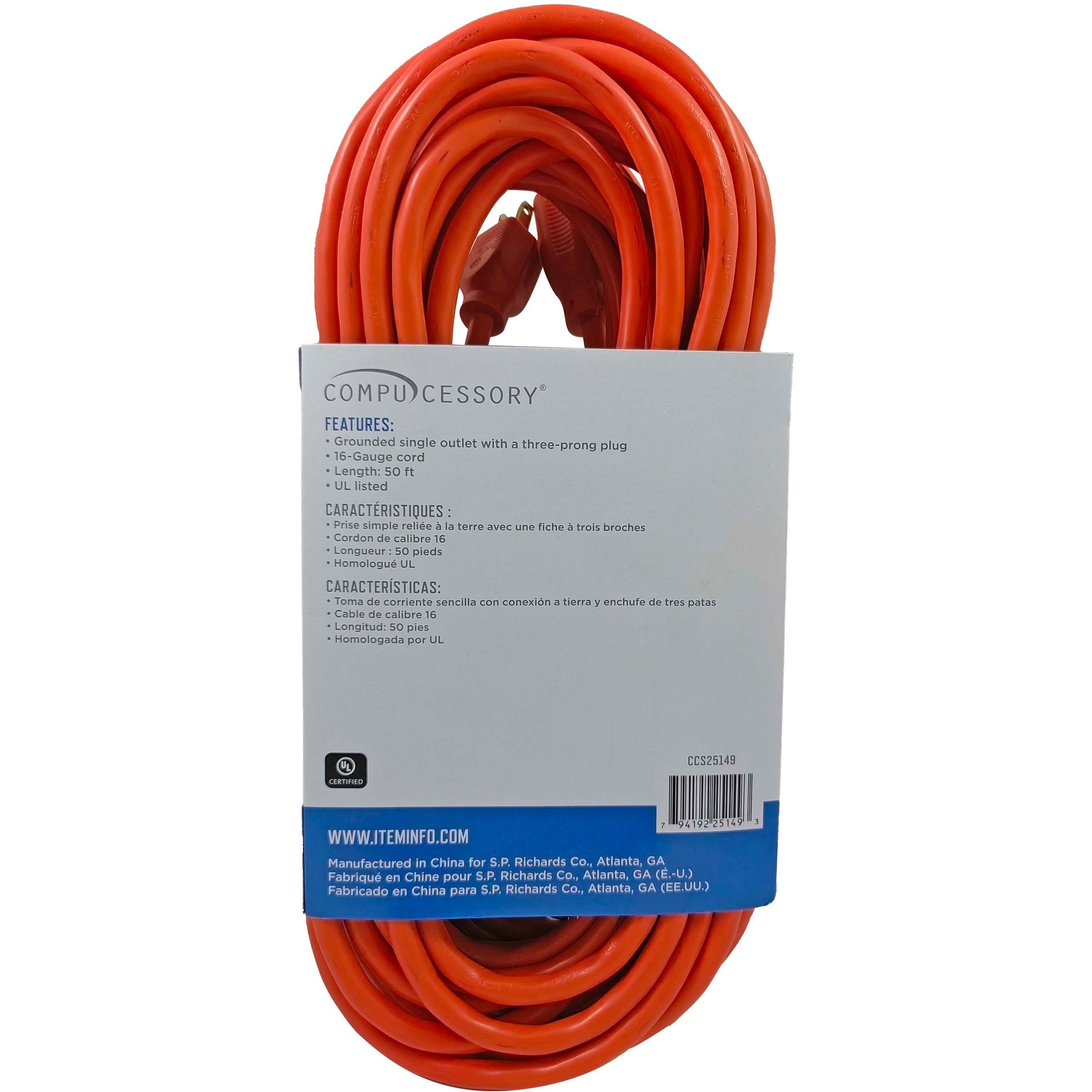 Compucessory Heavy-duty Indoor/Outdoor Extension Cord - 16 Gauge - 125 V AC13 A - Orange - 50 ft Cord Length - 1 - 