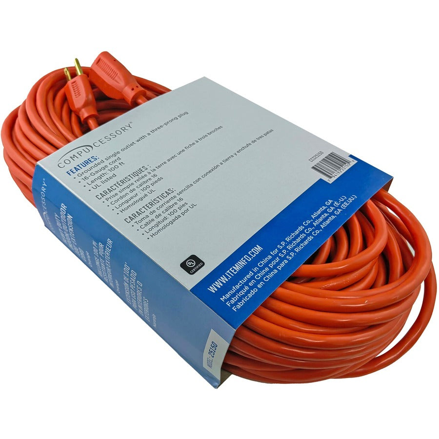 Compucessory Heavy-duty Indoor/Outdoor Extension Cord - 16 Gauge - 125 V AC13 A - Orange - 100 ft Cord Length - 1 - 