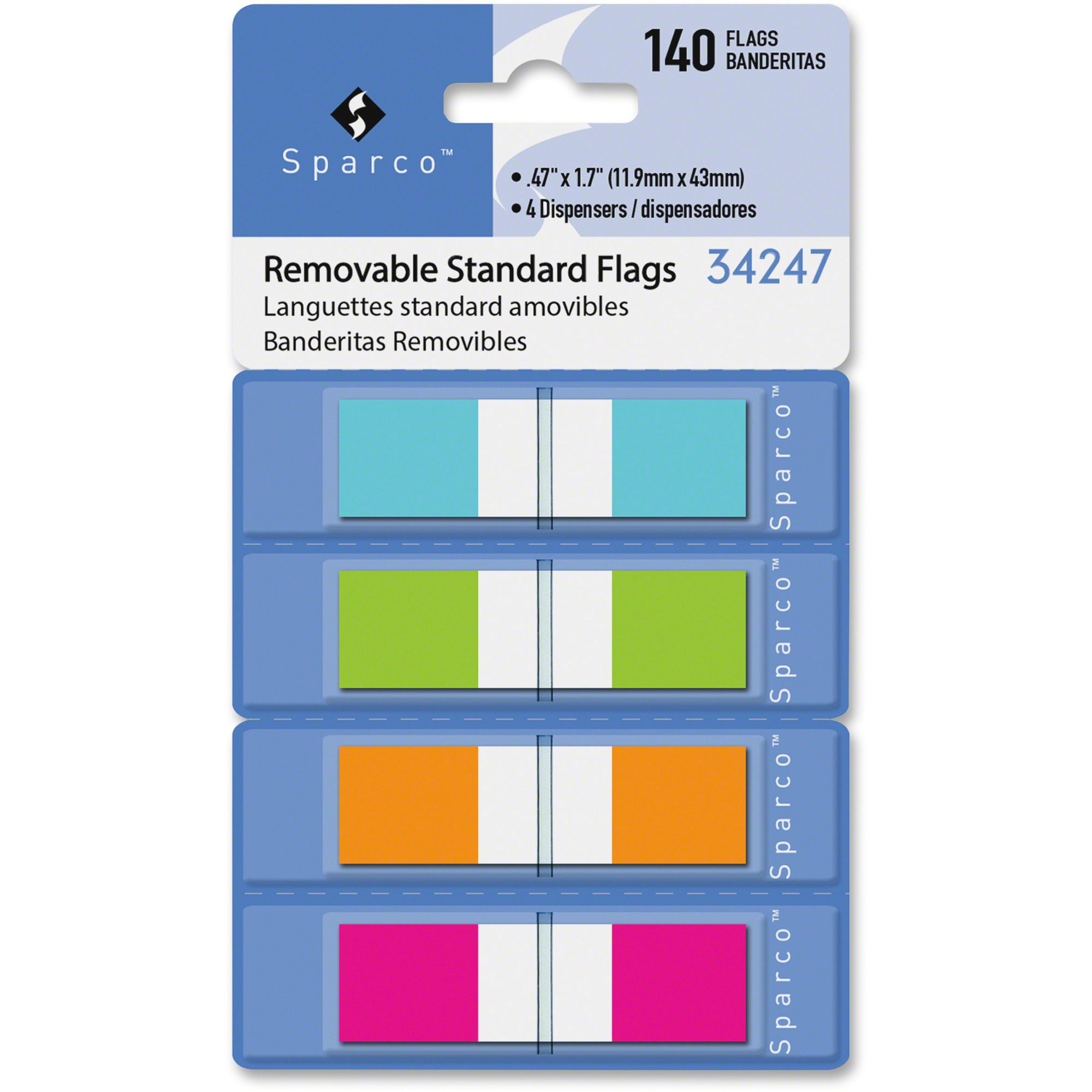 Sparco Pop-Up Dispenser Page Flags - 140 x Assorted - 0.50" - Assorted - Cellophane - Self-adhesive, Repositionable, Removable, Writable - 140 / Pack