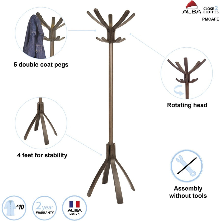 Cafe Wood Coat Stand, Ten Peg/Five Hook, 21.67w x 21.67d x 69.33h, Espresso Brown