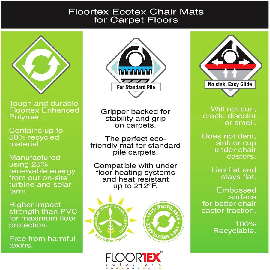 Ecotex Enhanced Polymer Rectangular Chair Mat for Carpets up to 3/8" - 48" x 60" - Home, Office, Carpet, Indoor, Hard Floor - 60" Length x 48" Width x 0.087" Depth x 0.087" Thickness - Rectangular - Polymer - Clear - 1Each - TAA Compliant