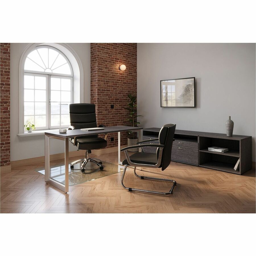 Lorell Padded Arm Guest Chair - Black Bonded Leather Seat - Black Back - Sled Base - Black - Leather - 1 Each