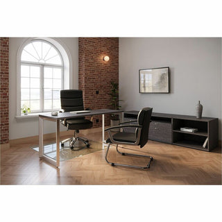 Lorell Padded Arm Guest Chair - Black Bonded Leather Seat - Black Back - Sled Base - Black - Leather - 1 Each