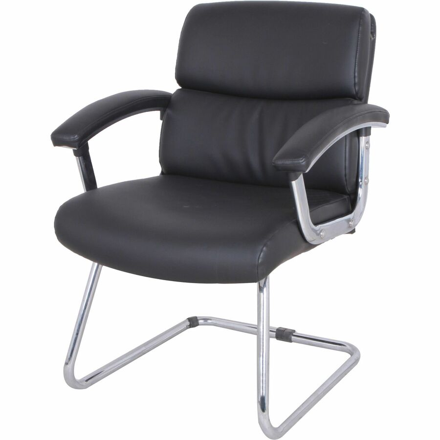 Lorell Padded Arm Guest Chair - Black Bonded Leather Seat - Black Back - Sled Base - Black - Leather - 1 Each
