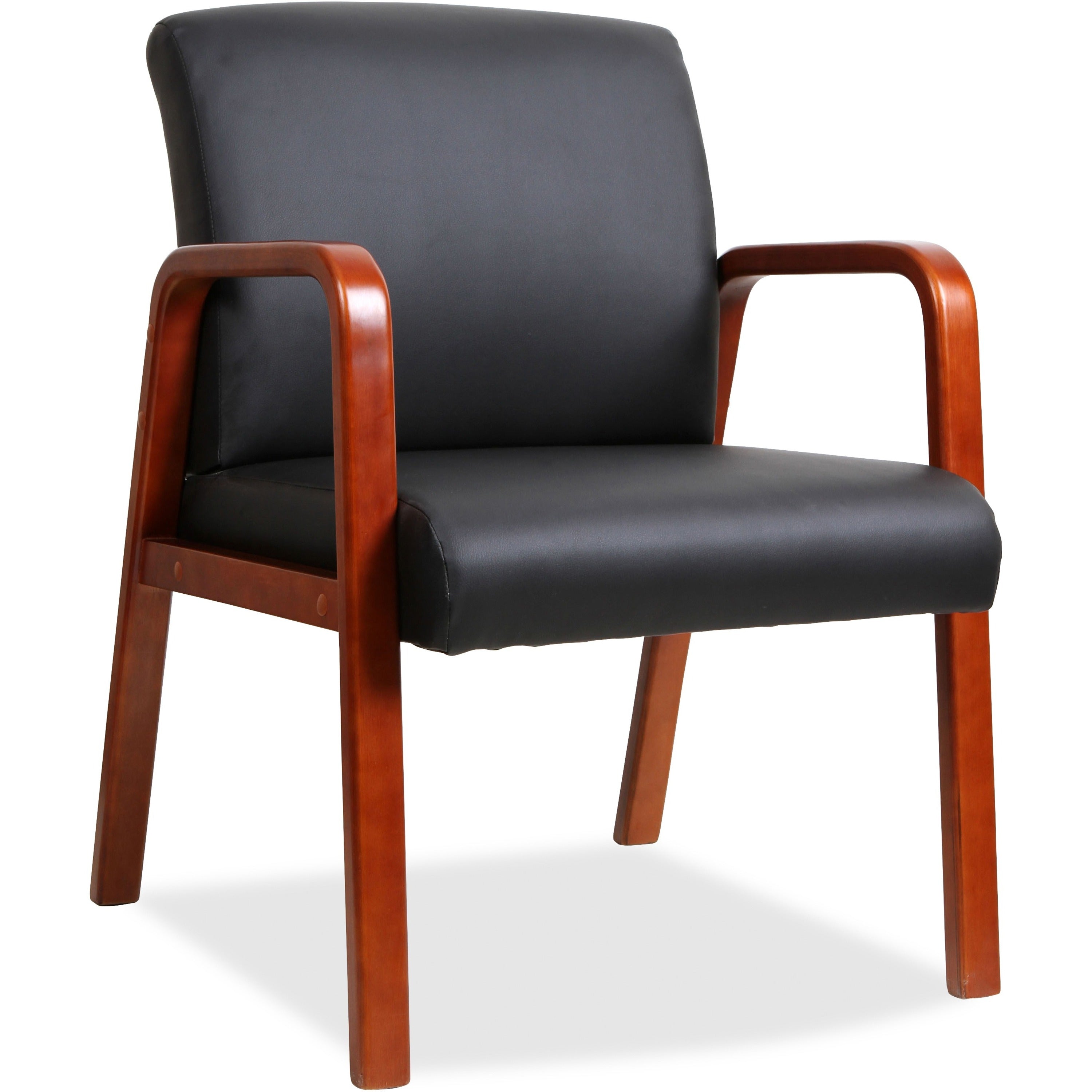 Lorell Upholstered Guest Chair - Black Bonded Leather Seat - Black Bonded Leather Back - Cherry Solid Wood Frame - Four-legged Base - Armrest - 1 Each - 