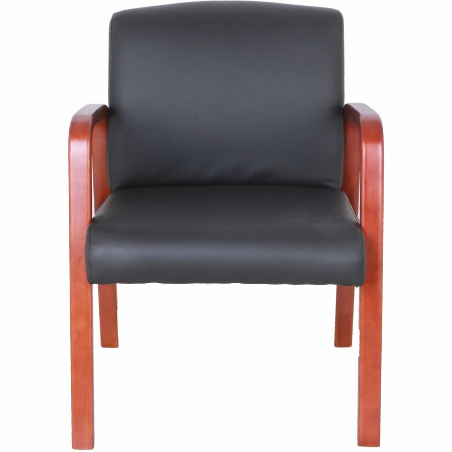 Lorell Upholstered Guest Chair - Black Bonded Leather Seat - Black Bonded Leather Back - Cherry Solid Wood Frame - Four-legged Base - Armrest - 1 Each