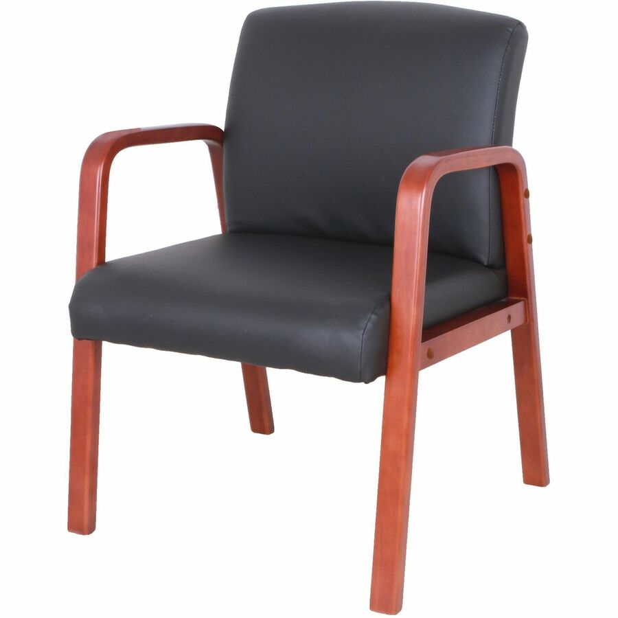 Lorell Upholstered Guest Chair - Black Bonded Leather Seat - Black Bonded Leather Back - Cherry Solid Wood Frame - Four-legged Base - Armrest - 1 Each
