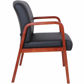Lorell Upholstered Guest Chair - Black Bonded Leather Seat - Black Bonded Leather Back - Cherry Solid Wood Frame - Four-legged Base - Armrest - 1 Each