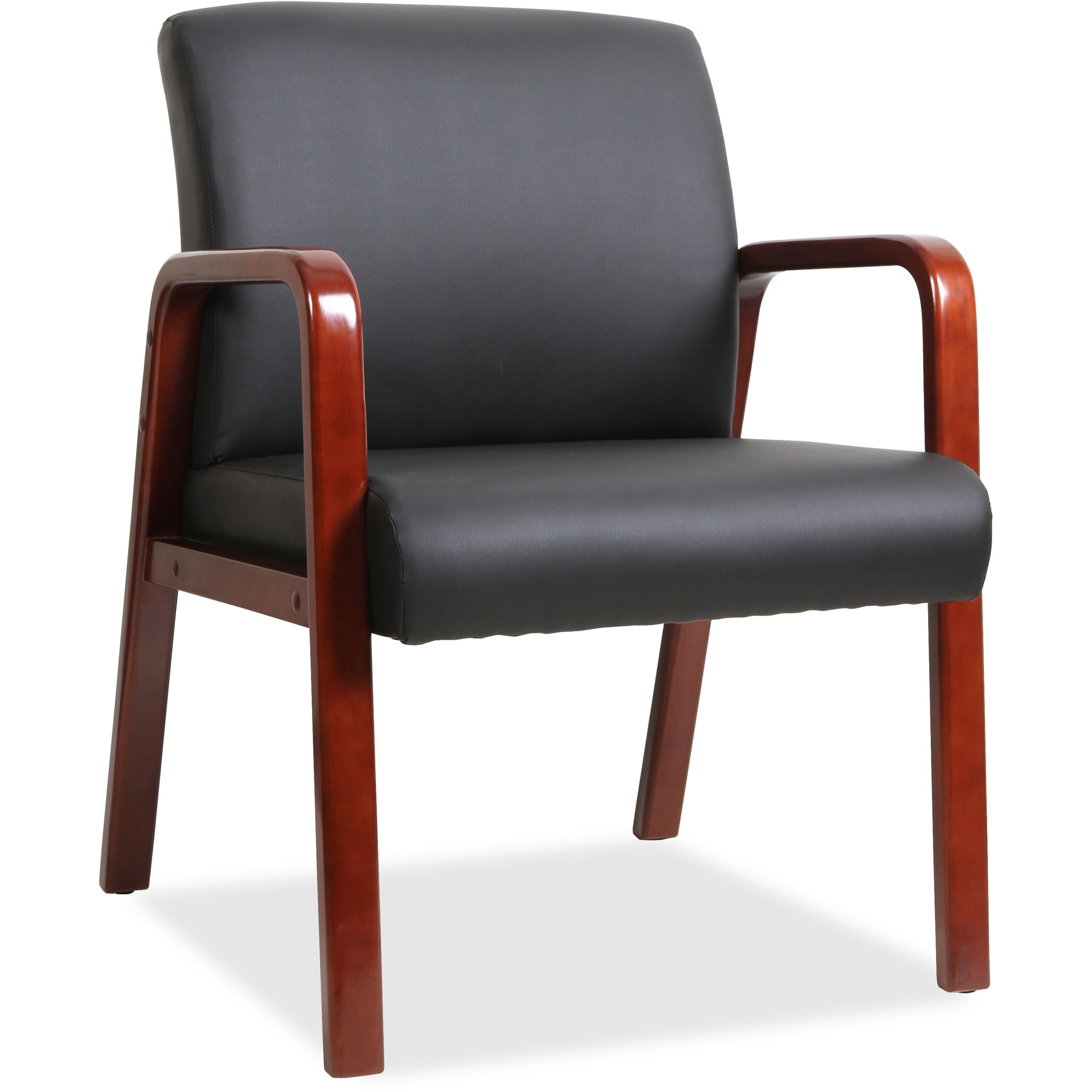 Lorell Upholstered Guest Chair - Black Bonded Leather Seat - Black Bonded Leather Back - Mahogany Solid Wood Frame - Four-legged Base - Armrest - 1 Each - 