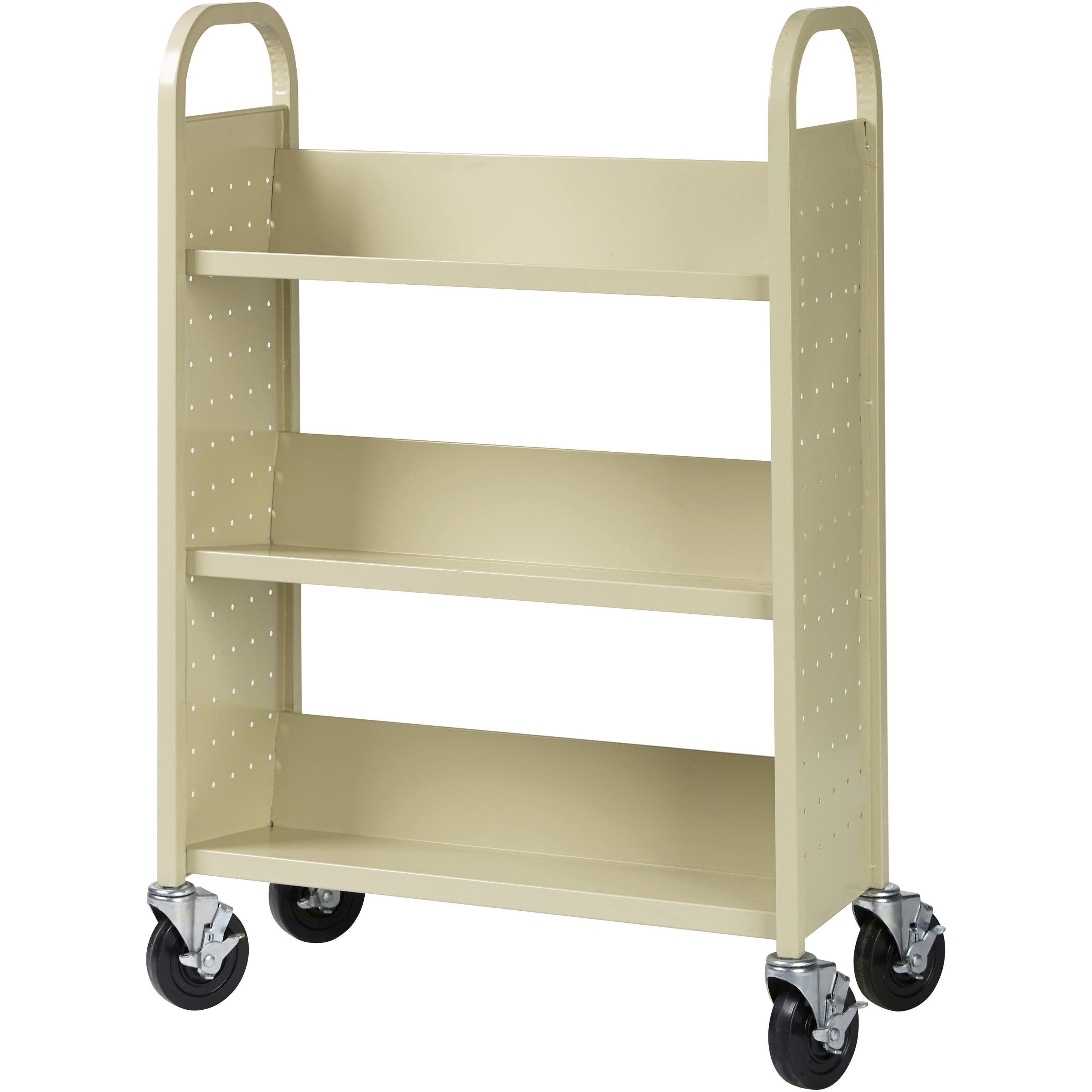 lorell-single-sided-book-cart-3-shelf-200-lb-capacity-5-caster-size-steel-x-39-width-x-14-depth-x-46-height-putty-1-each_llr49204 - 3