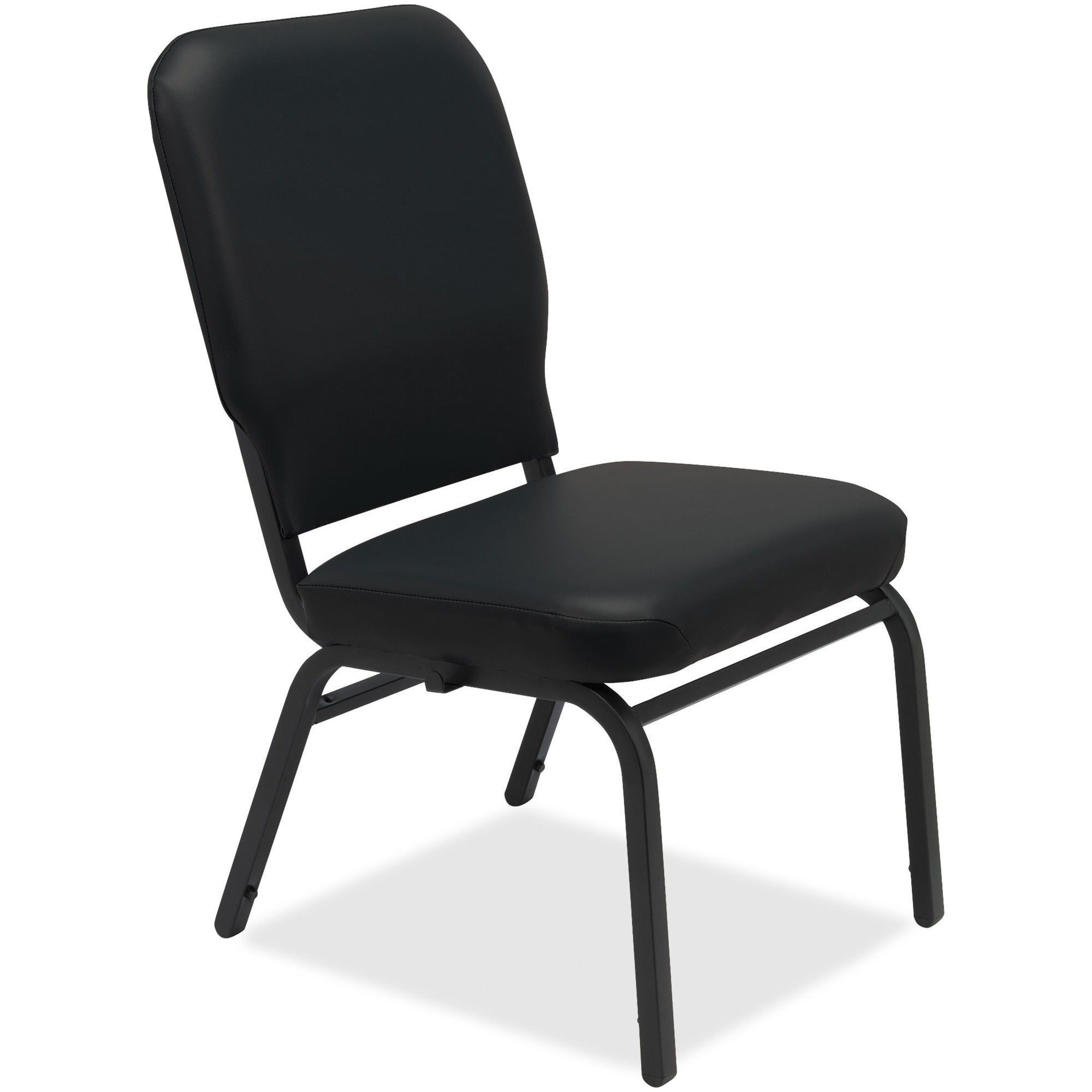 Lorell Oversize Stack Chairs with No Arms - Black Vinyl Seat - Black Vinyl Back - Steel Frame - Four-legged Base - 2 / Carton - 