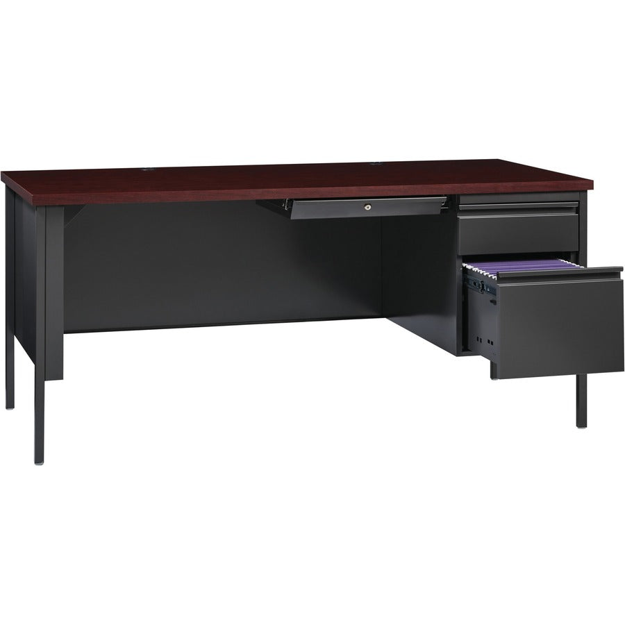 Lorell Fortress Series 66" Right-Pedestal Desk - For - Table TopRectangle Top x 66" Table Top Width x 30" Table Top Depth x 1.12" Table Top Thickness - 29.50" Height - Assembly Required - Laminated, Mahogany - Steel - 1 Each