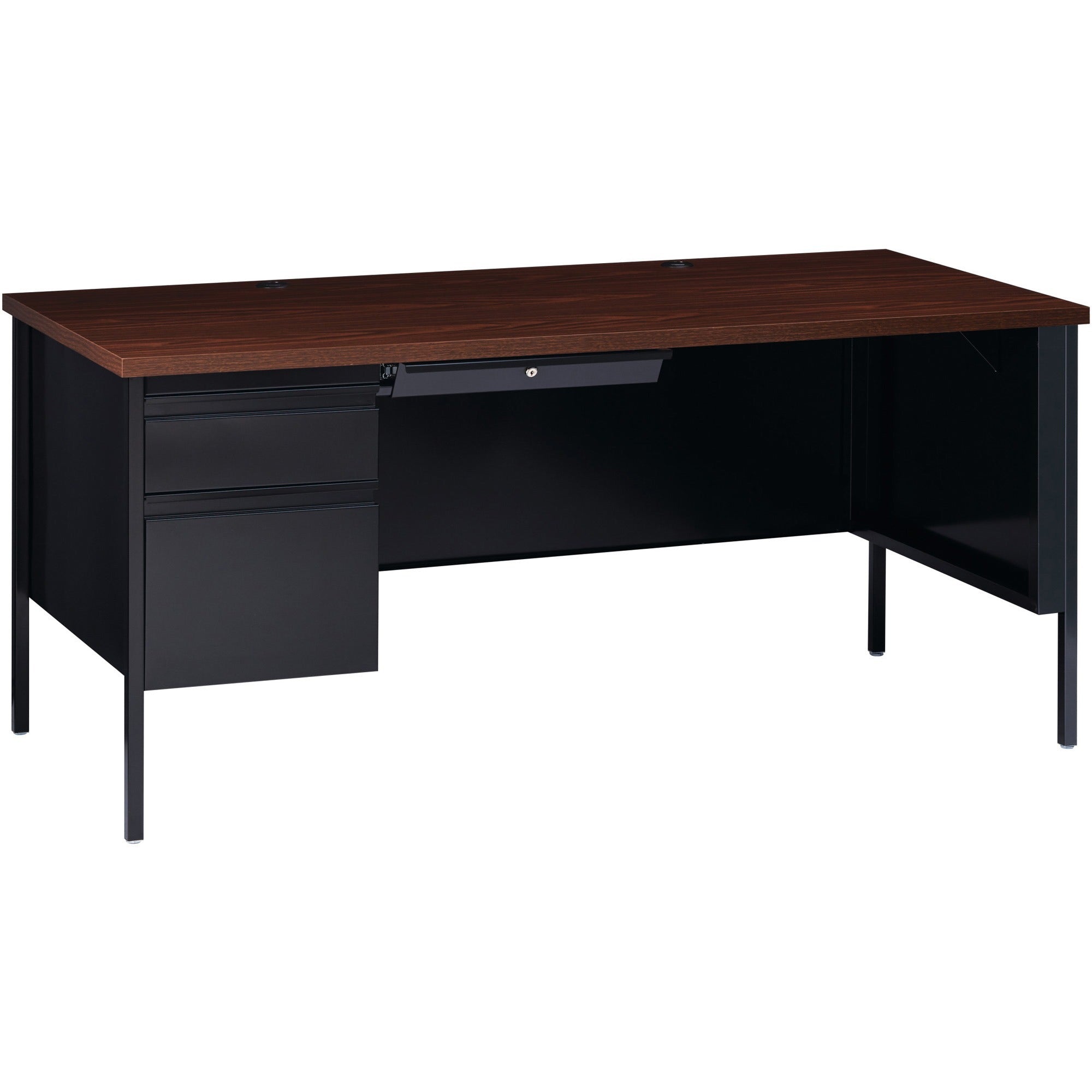 Lorell Fortress Series Left-Pedestal Desk - For - Table TopRectangle Top x 66" Table Top Width x 30" Table Top Depth x 1.12" Table Top Thickness - 29.50" Height - Assembly Required - Black Walnut, Laminated, Walnut - Steel - 1 Each