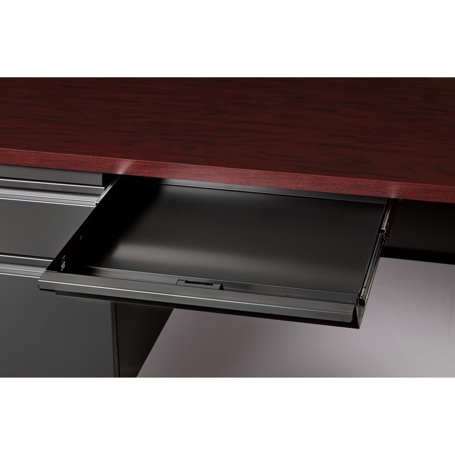 Lorell Fortress Series Left-Pedestal Desk - For - Table TopRectangle Top x 66" Table Top Width x 30" Table Top Depth x 1.12" Table Top Thickness - 29.50" Height - Assembly Required - Laminated, Mahogany - Steel - 1 Each