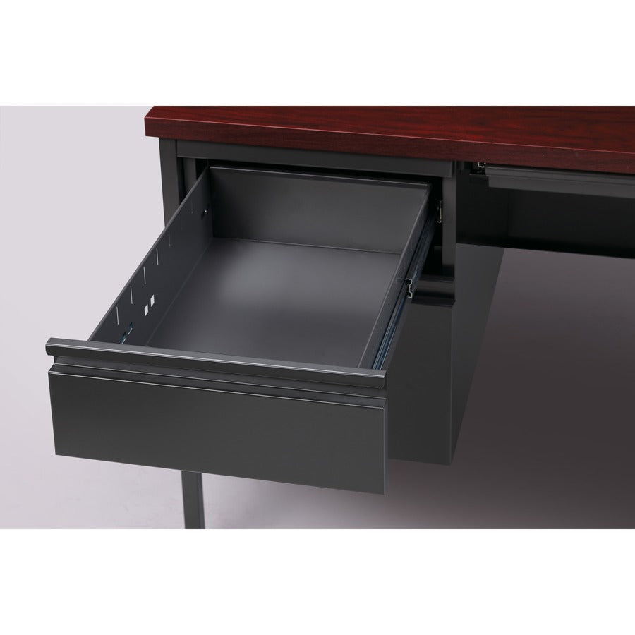 Lorell Fortress Series Left-Pedestal Desk - For - Table TopRectangle Top x 66" Table Top Width x 30" Table Top Depth x 1.12" Table Top Thickness - 29.50" Height - Assembly Required - Laminated, Mahogany - Steel - 1 Each