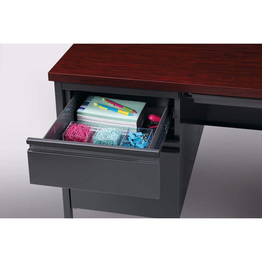 Lorell Fortress Series Left-Pedestal Desk - For - Table TopRectangle Top x 66" Table Top Width x 30" Table Top Depth x 1.12" Table Top Thickness - 29.50" Height - Assembly Required - Laminated, Mahogany - Steel - 1 Each