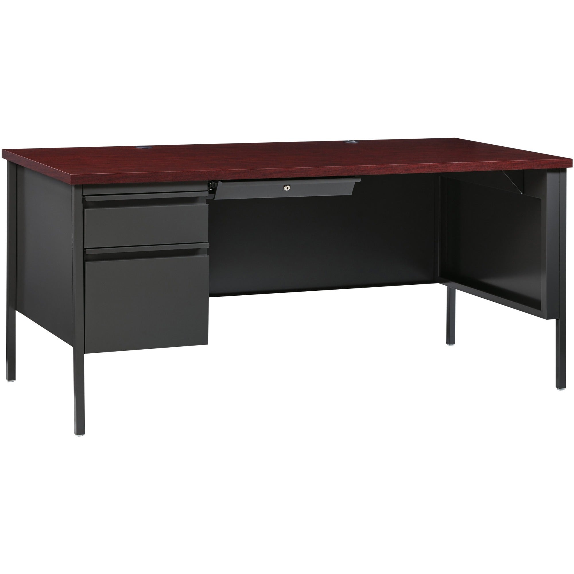 Lorell Fortress Series Left-Pedestal Desk - For - Table TopRectangle Top x 66" Table Top Width x 30" Table Top Depth x 1.12" Table Top Thickness - 29.50" Height - Assembly Required - Laminated, Mahogany - Steel - 1 Each