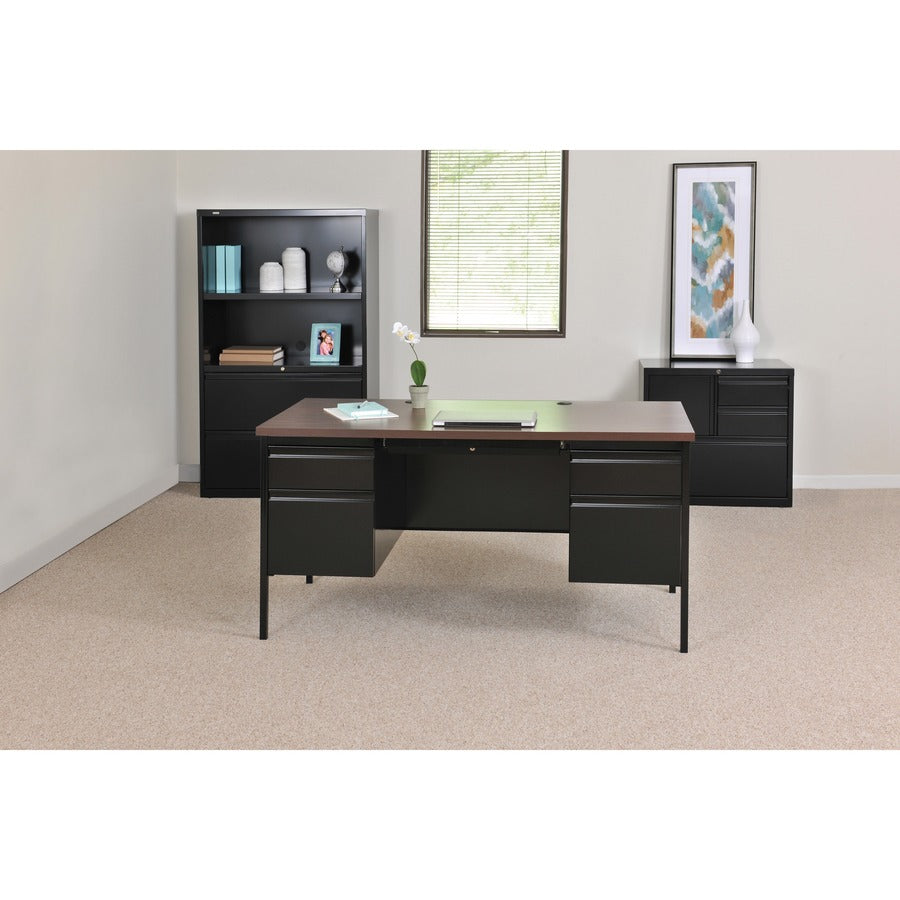 Lorell Fortress Series Double-Pedestal Desk - For - Table TopRectangle Top x 60" Table Top Width x 30" Table Top Depth x 1.12" Table Top Thickness - 29.50" Height - Assembly Required - Black Walnut, Laminated, Walnut - Steel - 1 Each