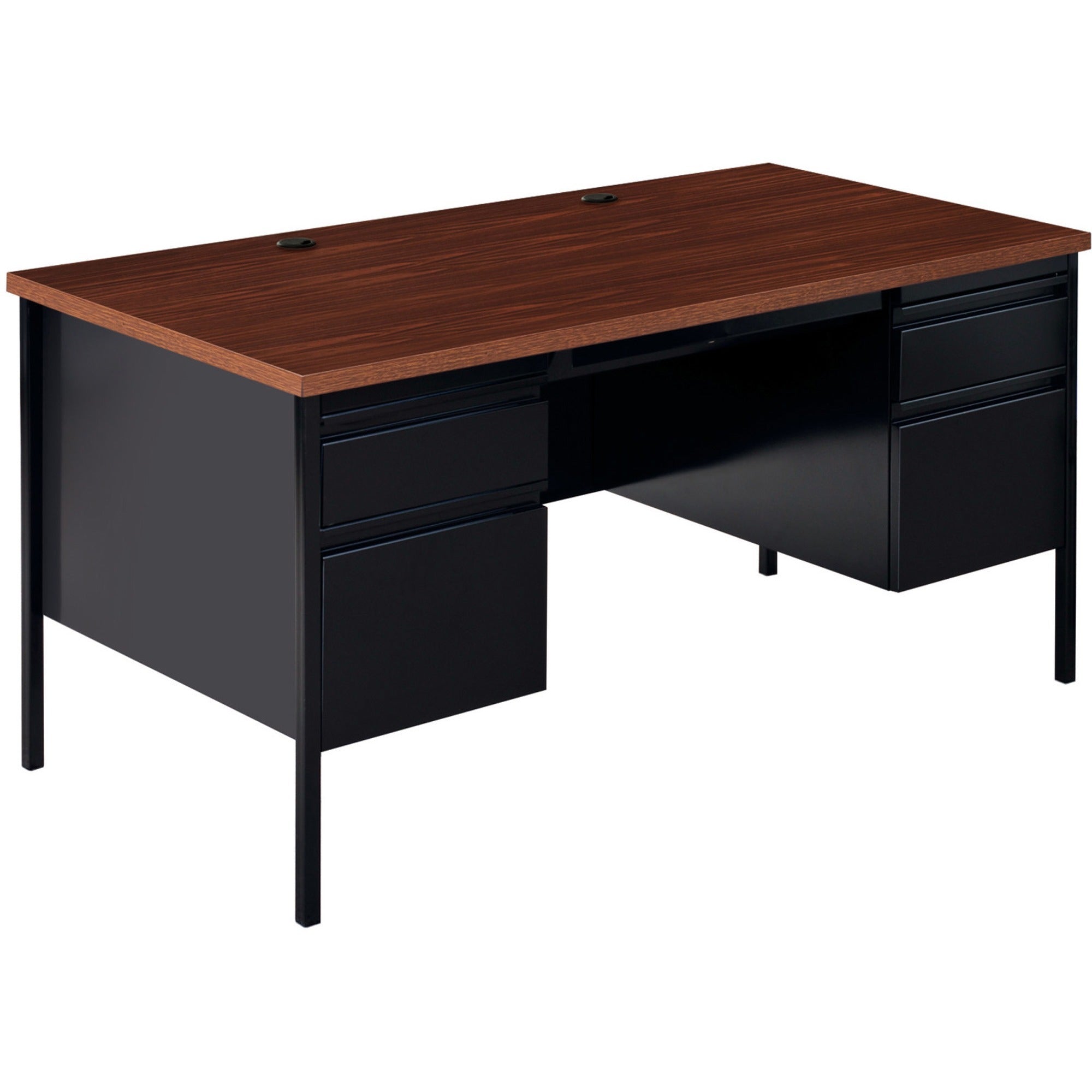 Lorell Fortress Series Double-Pedestal Desk - For - Table TopRectangle Top x 60" Table Top Width x 30" Table Top Depth x 1.12" Table Top Thickness - 29.50" Height - Assembly Required - Black Walnut, Laminated, Walnut - Steel - 1 Each