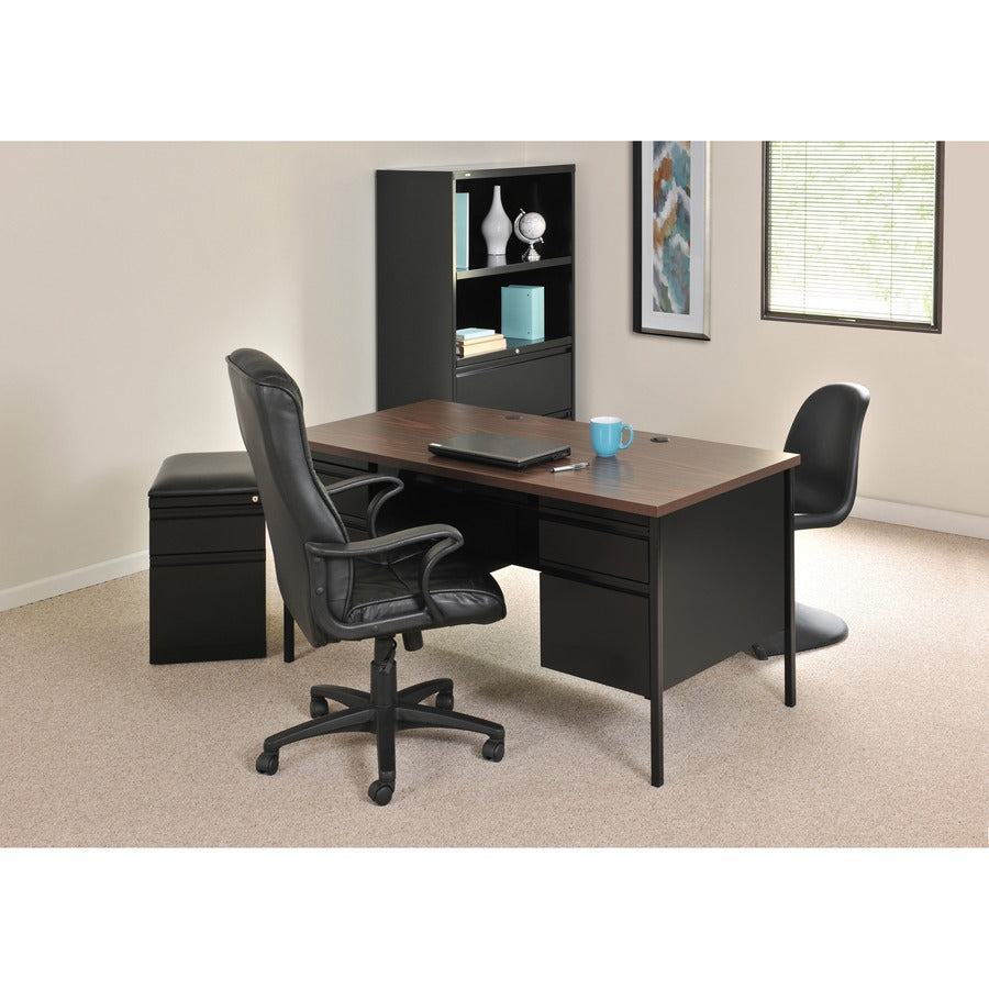 Lorell Fortress Series Double-Pedestal Desk - For - Table TopRectangle Top x 60" Table Top Width x 30" Table Top Depth x 1.12" Table Top Thickness - 29.50" Height - Assembly Required - Black Walnut, Laminated, Walnut - Steel - 1 Each